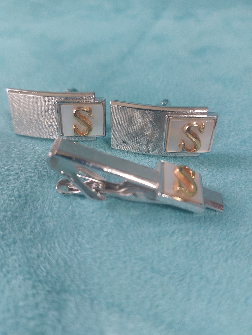 Swank Brushed Silvertone & Goldtone S Initial Cufflinks & Tie Clip Set, Vintage